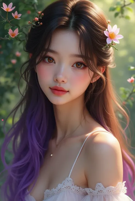 asian girl with hazel eyes brown hair with purple hair ends