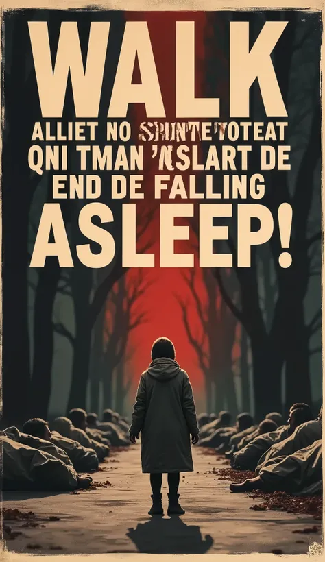 Affiche de propagande percutante avec le slogan " A TROP MARCHER AVEC DES ENDORMIS, ON FINIT PAR AVOIR SOMMEIL " écrit en grandes lettres au centre, conçu pour attirer immédiatement l’attention. En arrière-plan, on voit des silhouettes floues, représentant...