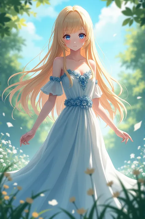 Anime girl with blonde hair and a really long flowy dress with blue flowers