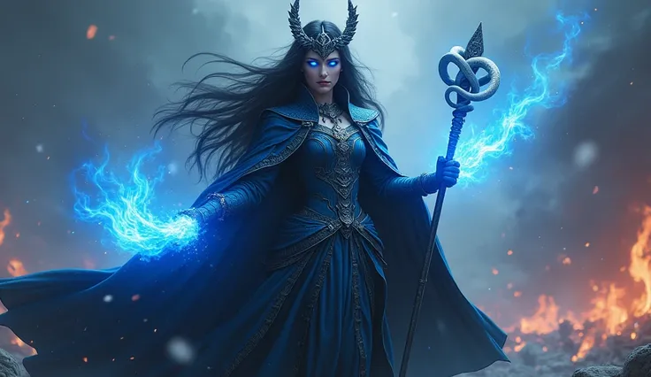 Detailing clothes,  queen,  with long black hair ,  Her eyes glow blue , the cloak develops in the wind ,  a large staff with a white snake,  magic effects,  blue flame , dark evil , on the battlefield
