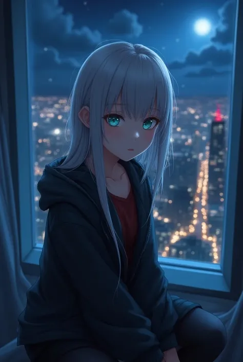 (masterpiece), Best Quality, Cyan eyes, light grey hair,  expressive eyes, Jorhaya, Sitting in a high-rise apartment room, Night Sky,  Cityscape ,  , City lights,  window , Highlights,  Dramatic lighting ,  calm expression ,