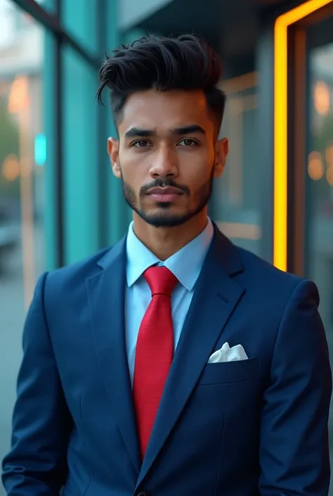 A professional 23 Year old boy with blue suit red tie. Cool background and spike straight hair style.
Bangladeshi boy