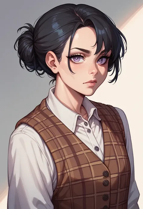 Black hair,  hazel eyes, purple eyes, nude girl, Plaid vest, Black hair,  silver eyes