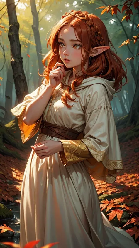 score_9, score_8_up, score_7_up, (masterpiece, UHD, 8K, 16K, ultra detailed), sfw, upperbody shot, 1girl, elf, orange eyes, one side braided hair, ginger hair, holding a red leaf, white dress with hood, intricate details, (murmuring leaves), (wind:1.2), (m...