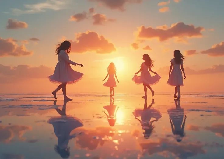  Silhouettes of girls reflected on the surface of the water、 Mirrored surface like Uyuni salt lake 、Sunset shining from behind 、 Orange burnt clouds 、 Sky changing from light blue to dark blue 