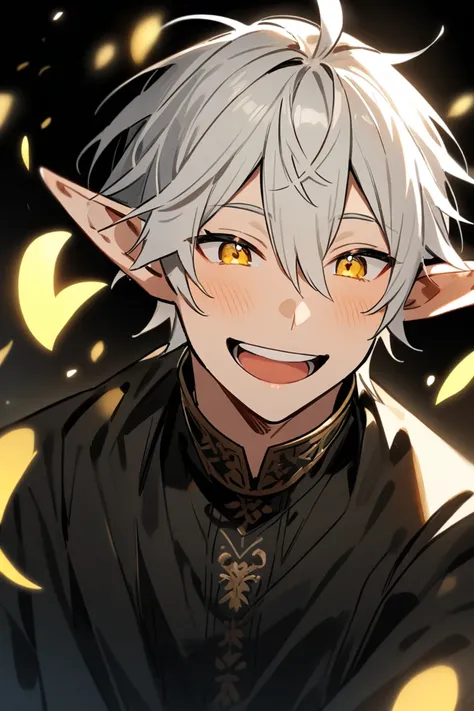 An elf with white hair and yellow eyes  , happy smiling ,  his hair is curled and he is wearing black clothes