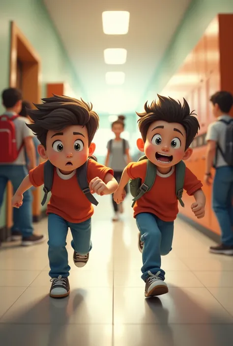 2 boys running in corridor and teacher follow them 