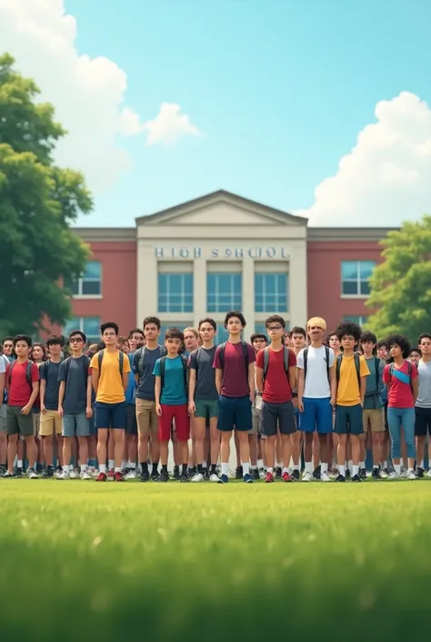 A higth schol. The students Stand in front of the Field 