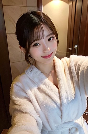 Best Quality, 1 beautiful Japanese woman, Wrapped in a soft, luxurious robe, with her hair tied up and a radiant glow from a spa treatment, a woman (captures a selfie:1.5) in the hotel spa’s relaxation area. Behind her, the tranquil ambiance of the spa, wi...