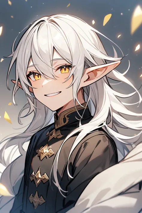 An elf with white hair and yellow eyes  , happy smiling ,  his hair is curled and he is wearing black clothes, the eyes are more rounded 