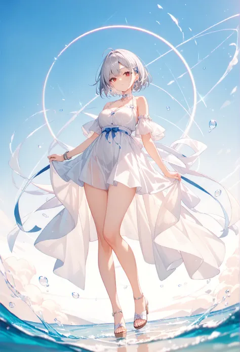 best quality, masterpiece,1girl, Alone,silver hair, red eyes, short hair,high detail,  full body,  beautiful colors, marine