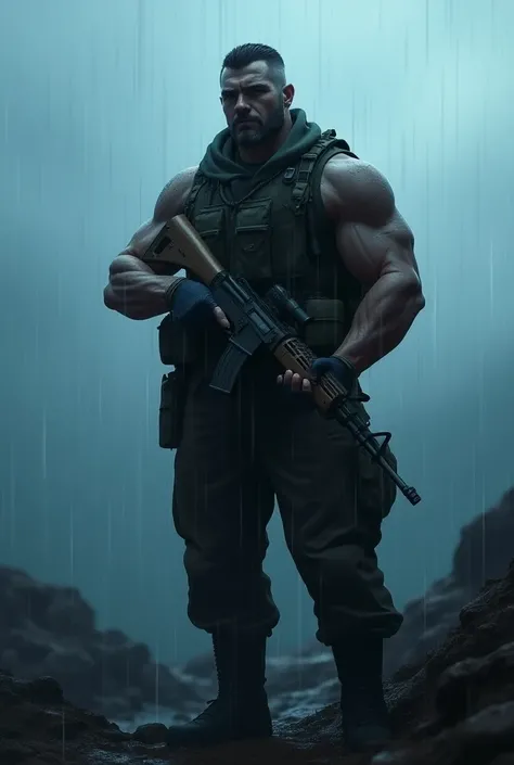 Bulked army man standing alone in rain holding his rifle with military uniform. Blue effects