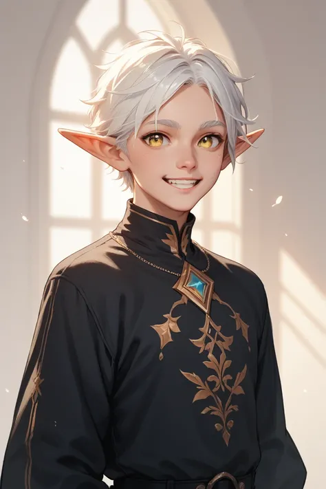 An elf with white hair and yellow eyes  , happy smiling ,  his hair is curled and he is wearing black clothes, the eyes are more rounded 