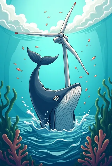 Caricature. 
Dans locéan une baleine mécontente détruit une éolienne avec sa queue.