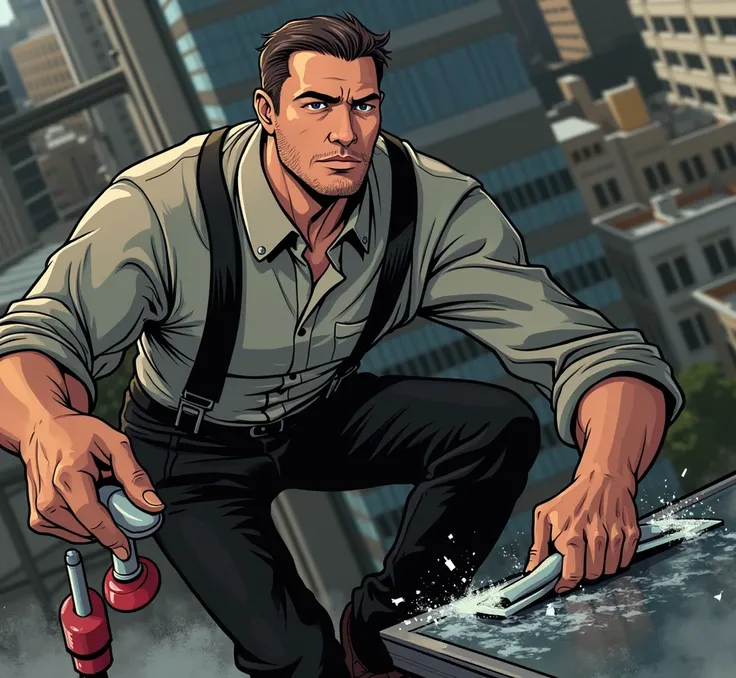 Ein Comicbild dieser Person.  He should be portrayed as a building cleaner , The glass cleans .
 He is wearing black trousers and a light grey shirt. No braces . 