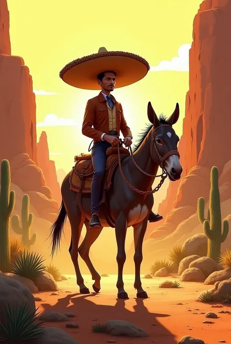 A skinny, long-legged Mexican is riding a donkey, with a huge sombrero on the Mexicans head. 
Desert, cacti, bright sunlight