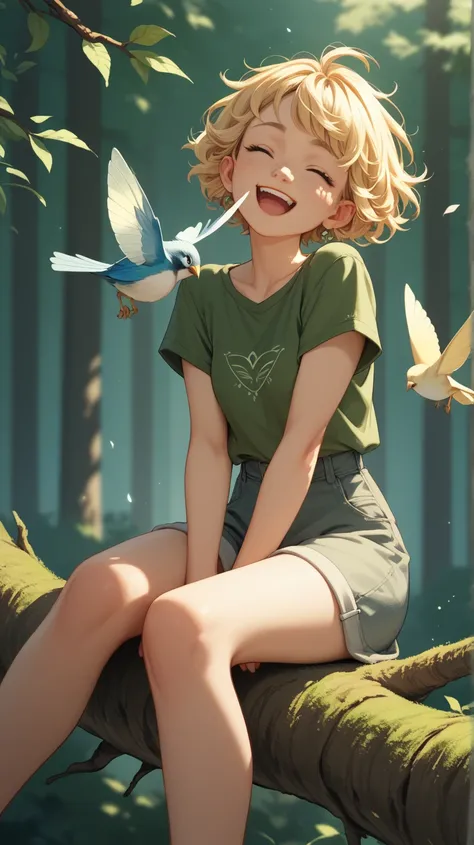 Forest Fairy、２０Teenage Girls、 short blonde hair with ingrown curls、The background is a forest、A bird on her shoulder 、Sitting on a tree branch、Daytime、 is laughing