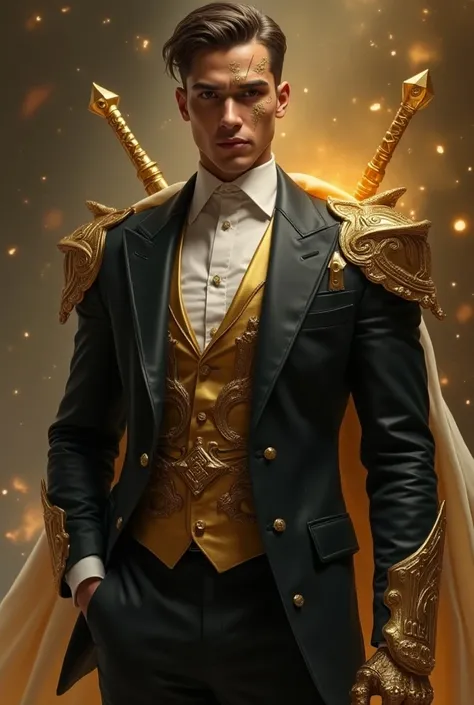  make a character with Midas powers, Hes human and wears a suit , He has golden parts on his body ,  he has an eye cut with a small stab mark on it ,  besides that he has gold weapons and wears only the white blouse part and the suit vest