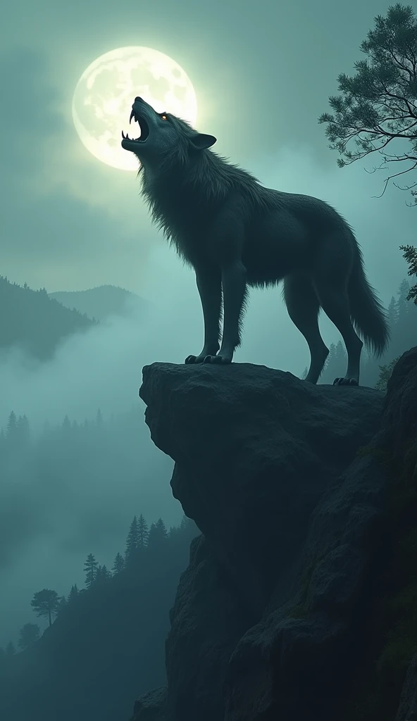 A hyper-realistic 8K image of a massive, prehistoric wolf from 5000 BC, with thick, shaggy fur and muscular limbs. This wolf stands on a cliff, howling into the night, with massive fangs and claws ready to tear through any threat. Its eyes glow with a fier...