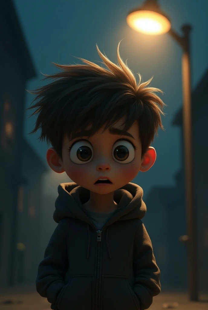 "Suddenly, the streetlight near the young boy with big expressive eyes, fluffy brown hair, and a cozy hoodie starts flickering, casting eerie shadows that stretch around him. His face shows alarm as the environment becomes darker and more ominous, with sha...