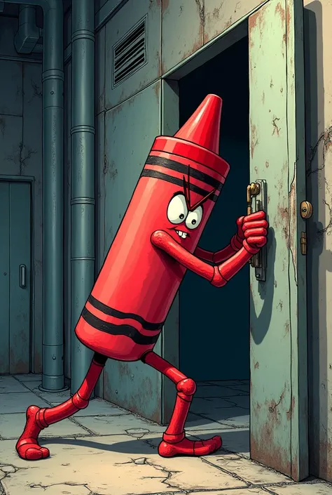 a red crayon trying to break a metal door (like comic art style)