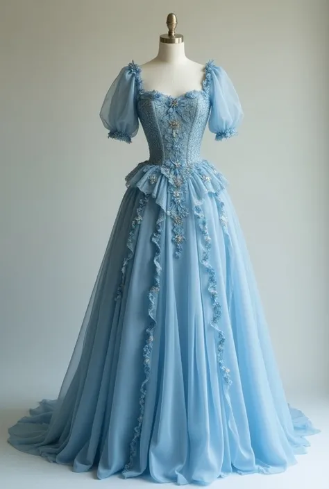  Long dress,blue , Bridgerton princess style,  skirt with layers and delicate flower embroidery and delicate flower ornaments, vestido bem acinturado on a mannequin, simplest dress , on a mannequin, with more adornments, blue, with more adornments de flore...