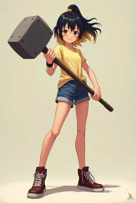 full body display、 Japanese、18 years old、Age 18、beautiful girl、smile、A mixture of black hair and blond hair 、With bangs、 with bangs aligned above the eyebrows 、Im growing sideburns、 holding a mighty iron hammer、 huge hammer and a light 々I have a 、T-Shirts、...