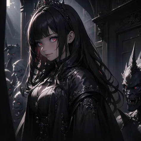 a young vampire girl, highly detailed, extremely detailed face, delicate and luxurious outfit, surrounded by many monsters, sinister smile, horror movie atmosphere, best quality, 8k, hyper-realistic, chiaroscuro lighting, dramatic shadows, moody color pale...