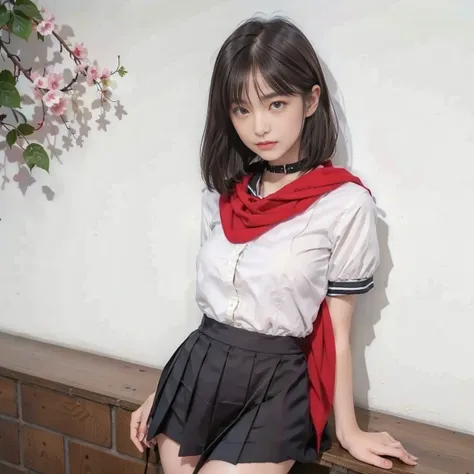 White summer clothes、The collar is black 、 white three lines 、 the red scarf is short、 pleated skirt to expand panties、 the pleats are narrow 、 short skirt 、 miniskirt、Beautiful breasts、Big Breasts、Busty、超Big Breasts、Small waist、 long foot、 cute、 Short Hai...