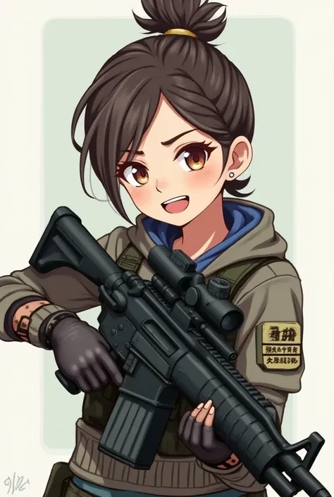 Call of duty, girl character like a sharpshooter sniper girl. face front, teenage gamer girl holding sniper. Kawai, with a big smile like she have just finished her mission