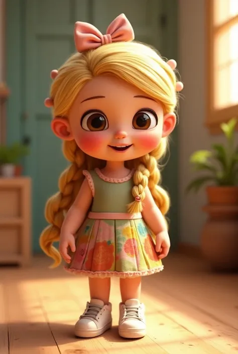 Melhor qualidade e alta qualidade no  Disney Pixar style.  3D character of a  naca , blonde, [ small eyes, black eyes, red mouth, pink cheeks,  round face, smiling happily, sweet, Terna  , wearing COLORFUL dress , with white sneakers. with a bow in her hai...