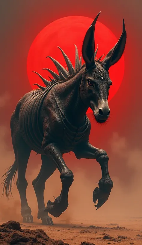 Design a dark fantasy hybrid that merges the endurance of a donkey with the lethal attributes of a scorpion. This monstrous fusion has the sturdy, muscular frame and hooves of a donkey, with a tough, segmented exoskeleton covering parts of its body. Its ta...