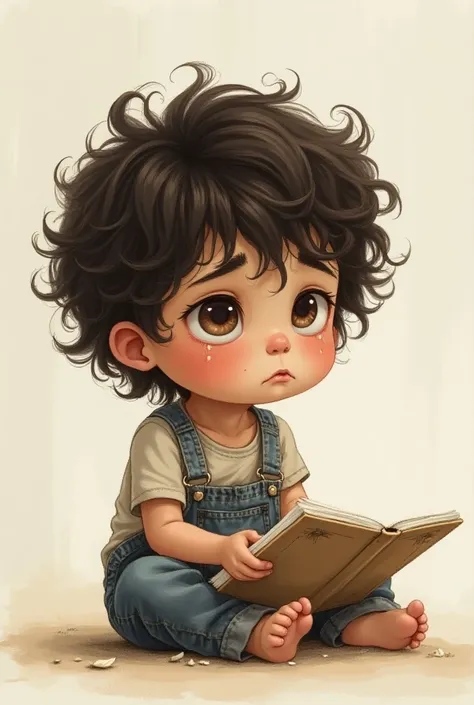  small ,  small dark brown curly hair , A year crying wanting to put on ,drawing style 