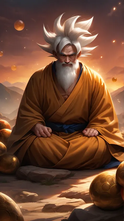 son goku, Dragon Ball Z created by "akira toriyama"  white-haired,  long and messy ,  gray beard , monk&#39;s robes,  sitting in meditation,  surrounded by nature , mountains, sunset, Seven Dragon Spheres,  realistic style, soft brush strokes, Serene expre...