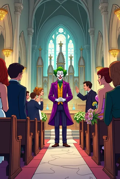 2D CARTOON OF THE JOKER AND THE ALLEQRUINAWEDDING IN THE CHURCH