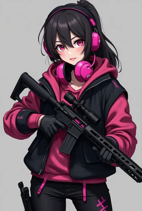 Call of duty, girl character like a sharpshooter sniper girl. face front, teenage gamer girl holding sniper. Kawai cool girl. All black, even sniper [DLQ 33] black, clothes pink, with headphone and with her phone.