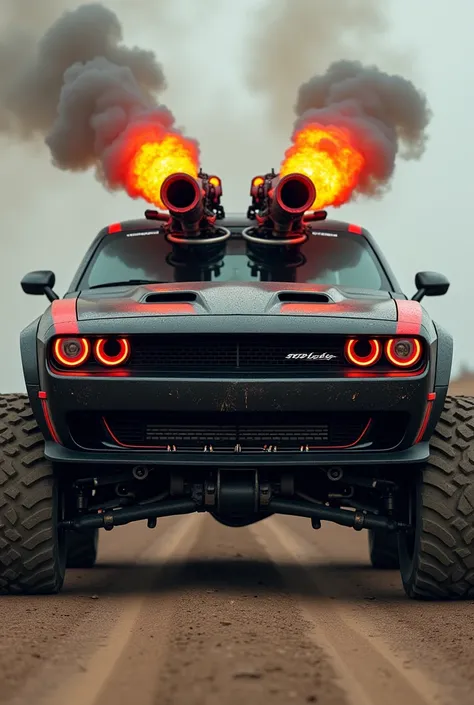  A monstrous hybrid of a Camaro SS and a Dodge Challenger Hellcat ,  with a matte black body and bright red details .  Its wheels are reinforced with steel and huge tires filled with nails .  The front is composed of an aggressive grille with sharp metal t...