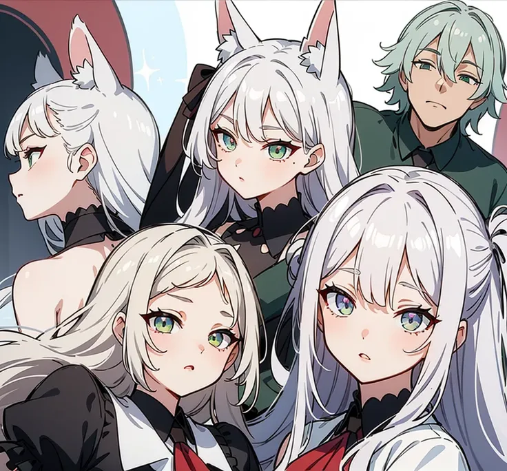 ((Masterpiece, Highest quality)), ((Tsurime)),Detailed face, character sheets, full bodyesbian, 1boys,shoun，rens，Babe，green eyes, White hair, medium hair , hair between eye,Black loose blouse, Full of details, Multiple poses and expressions, Highly detaile...