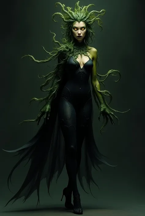 lilyBS, solo, 1girl, plant girl, colored skin, shaded face, yellow eyes, no pupils, no mouth, cape, black bodysuit, green gloves, asymmetrical sleeves, vines, asymmetrical footwear