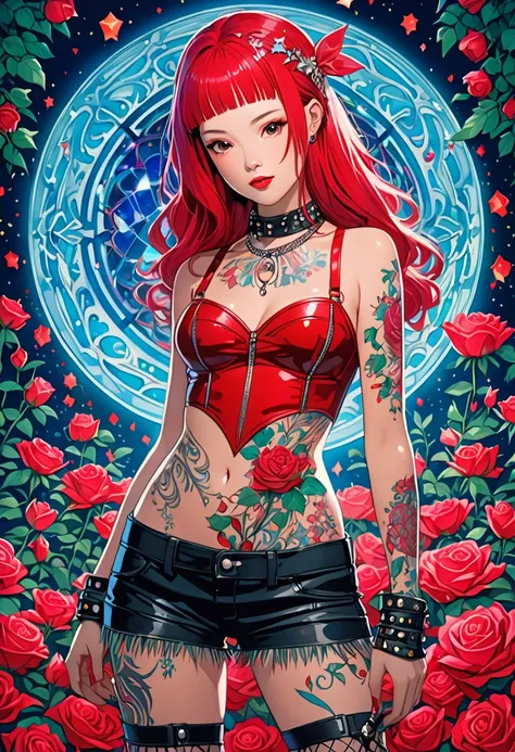 highly detailed highly realistic, best quality masterpiece, full watercolors, all colors -haired  em fusão Kurama yuyu + Malena sexy como uma cyber a gente punk tatuada estilosa moderna, está de pé em um jardim de rosas red shine brilhante em clima de Nata...