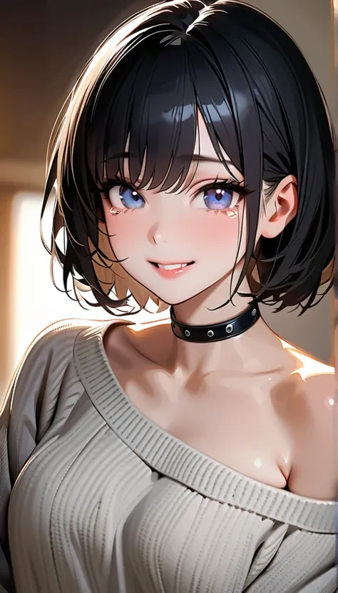 Best Quality, masterpiece,   ultra high resolution,  photorealistic ,  1 girl,  Off Shoulder, knit, smile, smile,  slightly visible, Extra Large_sweater,  soft lighting , Detailed skin, bangs,  Black Hair ,  Clear Eyes ,  short bob hair, transparency, Japa...