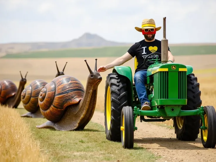 Create a surreal scene of a man riding a green John Deere tractor through a rural landscape, chased by a swarm of enormous, realistic-looking snails. The man appears determined, gripping the steering wheel firmly, while looking back at the slow yet ominous...