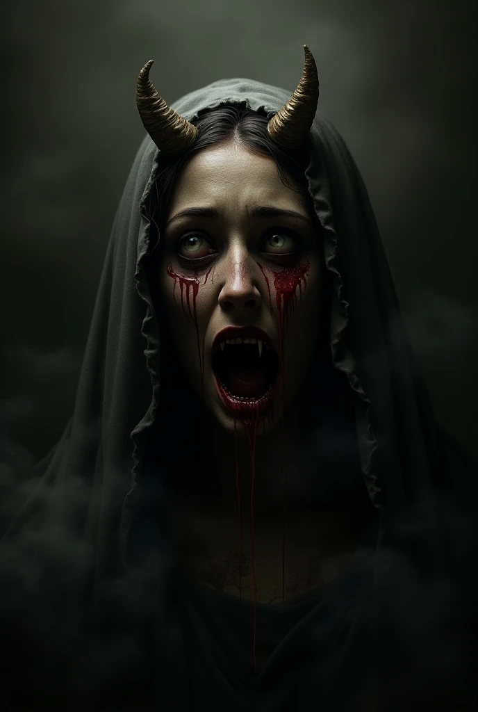 Create an image of the Virgin Mary turned into Demanoi crying blood