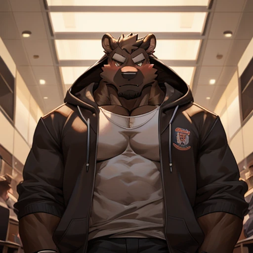 carry, hot, Male, University, harass, Alone,  muscleman ,  big chest , Hoodie,  dark brown fur ,  light brown snout, Blush, cocky , intimidating, Wide angle