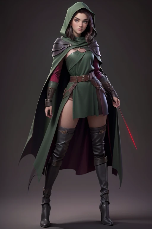 one girl, solo, full body, medieval, dark green cloak, dark green hood, dark brown high boots, shiny blured grey background, gradient sprayed background, front view, gradient red purple background, blured background, glowing edges of image, masterpiece, hi...