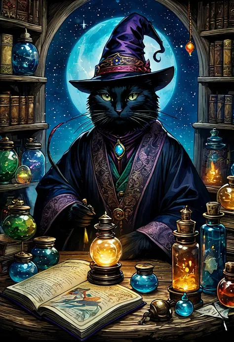 magical theme cover ，illustration poster， a black cat wearing a witch hat holds a medicine bottle in one hand，reading old books ...