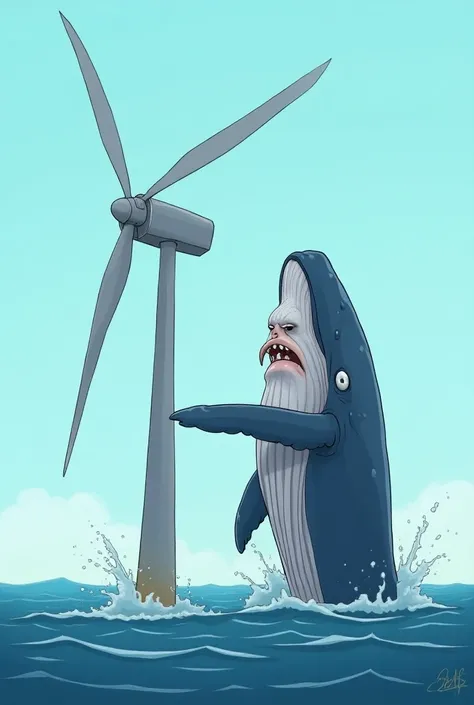 Caricature. 
 In the ocean, a disgruntled whale destroys a wind turbine with its tail..
The mast breaks in two.