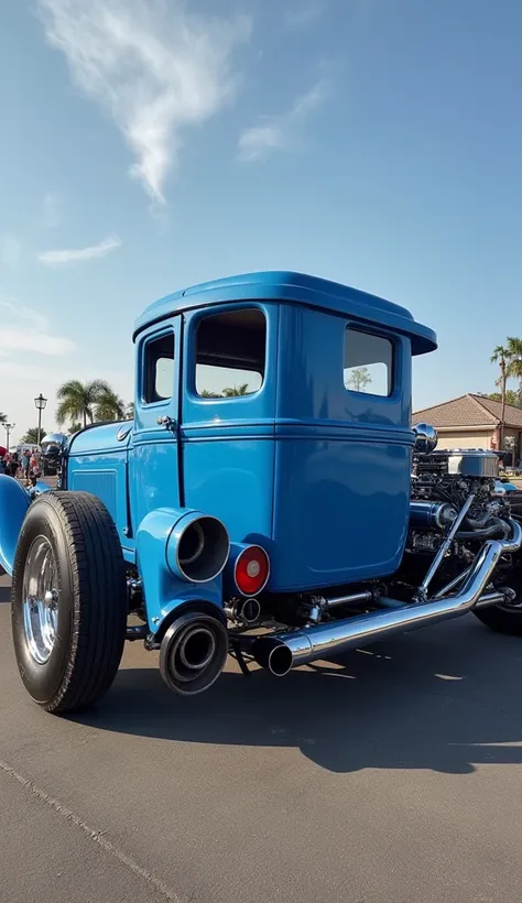 Blue hot rod ， with V8 engine and amazing large exhaust pipe