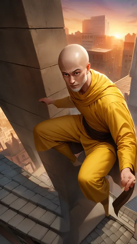 saitama,onde punch man, created by  "Yusuke Murata" bald,  gray beard , monk&#39;s robes,  dynamic position ,  on top of a building, sunset, "Genos", your friend next to ,  realistic style, soft brush strokes, Serene expression, aura of wisdom .