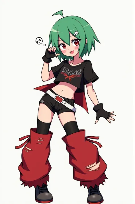 A simplified anime-style drawing of a teenage woman
with short green hair and a small hair clip with a skull shape. She is wearing an edgy, punk outfit with a cropped black and red top featuring a graphic design, black shorts, a white belt with red accents...